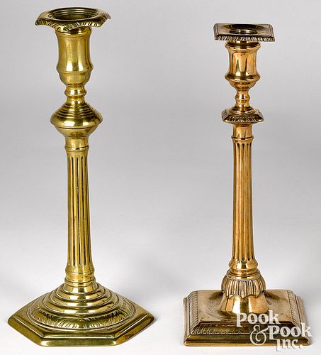 Two large brass candlesticks, 18th c.