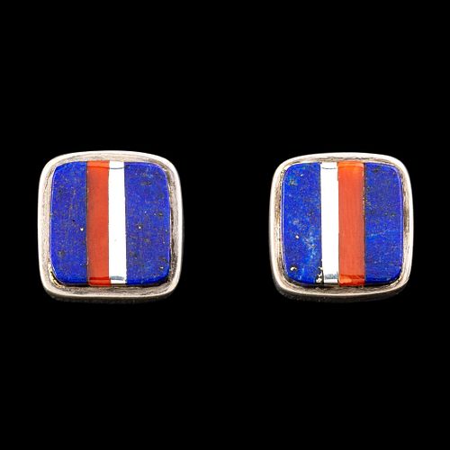 Charles Loloma, Pair of Silver and Stone Inlay Stud Earrings
