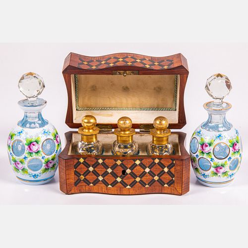 French Rosewood, Mother of Pearl and Ebony Marquetry Perfume Tantalus