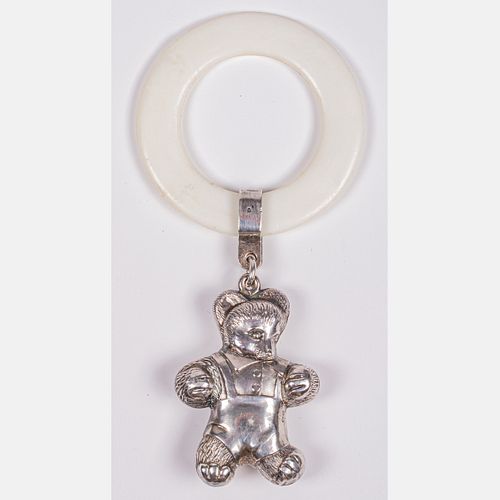 An English Sterling Silver and Plastic Bear Form Baby Rattle