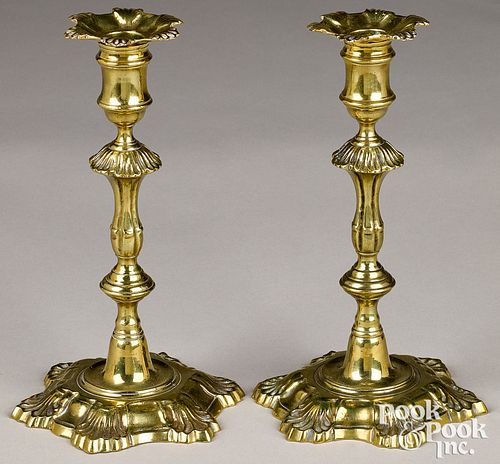 Pair of English brass six shell candlesticks
