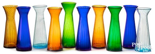 Ten colored glass hyacinth vases