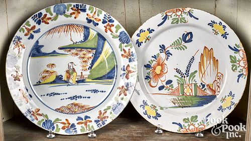 Two English polychrome Delft chargers, mid 18th c.