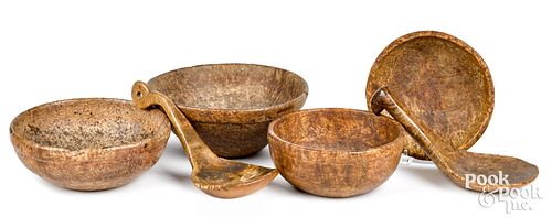 Four burlwood bowls, 19th c., and two scoops