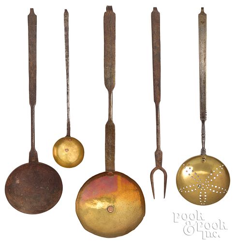 Five wrought iron and brass utensils, 19th c.