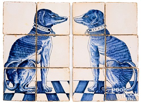 Pair of Delft six tile plaques of a dog, 18th c.