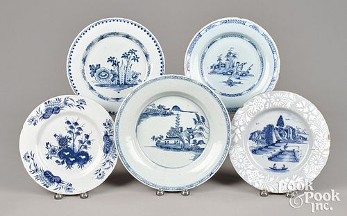 Five Delft blue and white plates, 18th c.