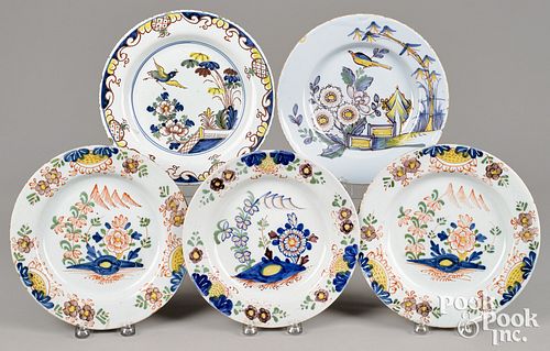 Five similar Dutch polychrome plates, 18th c.
