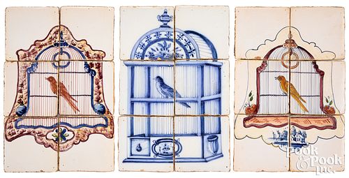 Three Delft six tile plaques of a caged bird