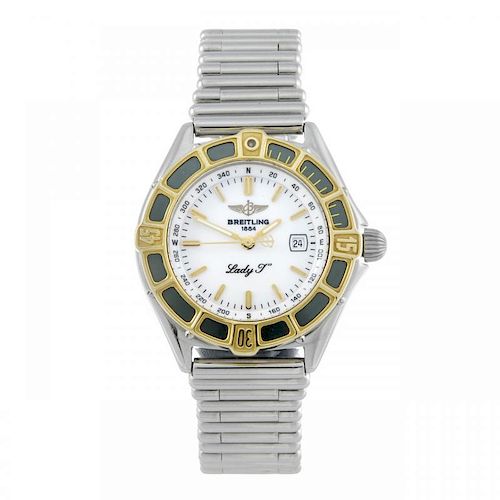 BREITLING - a lady's J-Class bracelet watch. Stainless steel case with yellow metal calibrated bezel