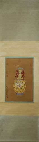 A Chinese silk scroll painting, Lang Shining mark
