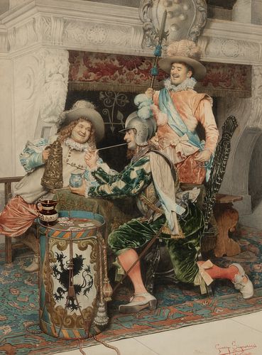 Giuseppe Signorini (Italian, 1857-1932), Three Jovial Cavaliers Relaxing by a Hearth