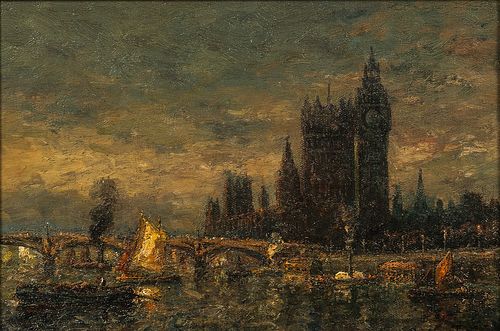 British School, 19th/20th Century, Shipping on the Thames at Westminster Bridge