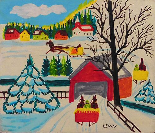 Maud Lewis, Manner of/ Attributed: Covered Bridge with Sleighs