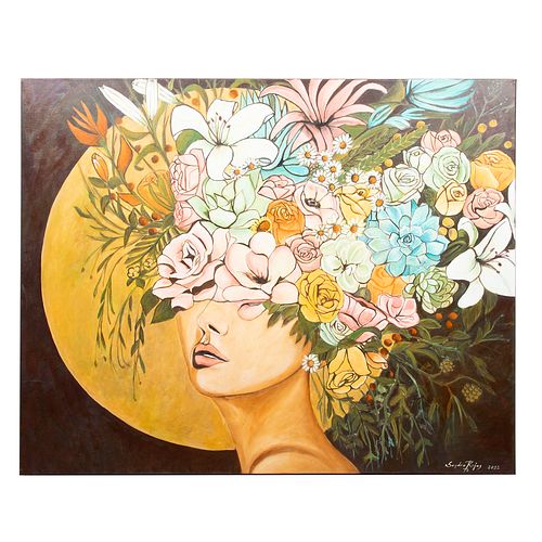 SANDRA ROJAS TORRES (México, 1967 - ) Mujer con flores. Firmado. Técnica mixta sobre tela. 80 x 100 cm.