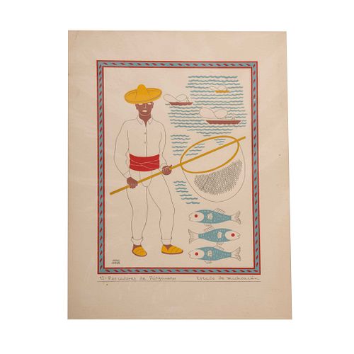CARLOS MÉRIDA (Guatemala, 1891 - Ciudad de México, 1984) De la carpeta Mexican Costume, 1941 Pescadores de Pátzcuaro. Serigrafía