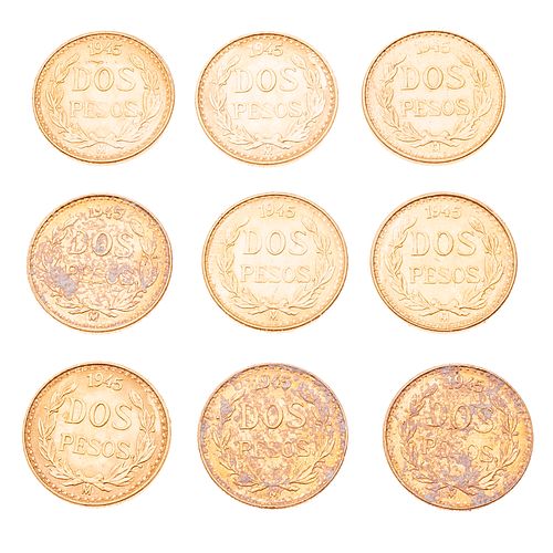 Nueve monedas de dos pesos oro amarillo de 21k. Peso:  15.0 g.