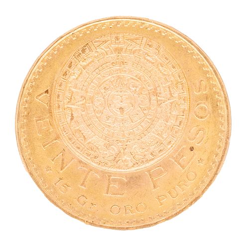 Moneda de 20 pesos en oro amarillo de 21k. Peso:16.6 g.