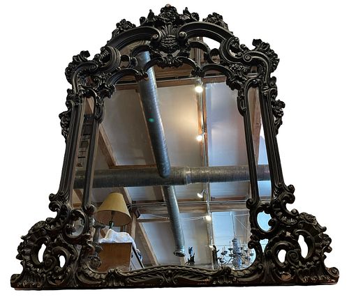 Large French Ornate Black Carved Wood Mirror 