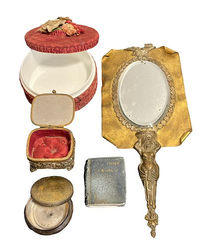 Collection Edwardian Jewelry Boxes, Signed Ceramic Book, and Ornate Mirror
