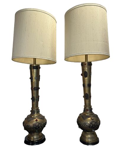 Pair FREDERICK COOPER Mid Century Persian Brass Lamps w Cabachon Stones