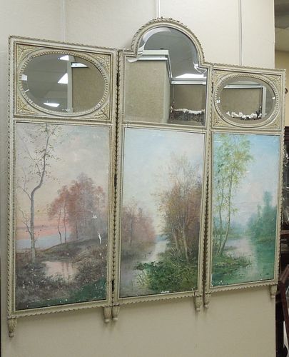 Three Panel Painted Canvas and Mirror Screen.