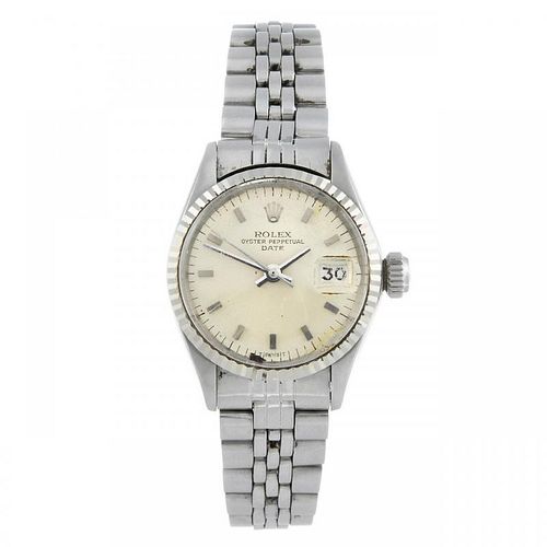 ROLEX - a lady's Oyster Perpetual Date bracelet watch. Circa 1966. Stainless steel case with white m