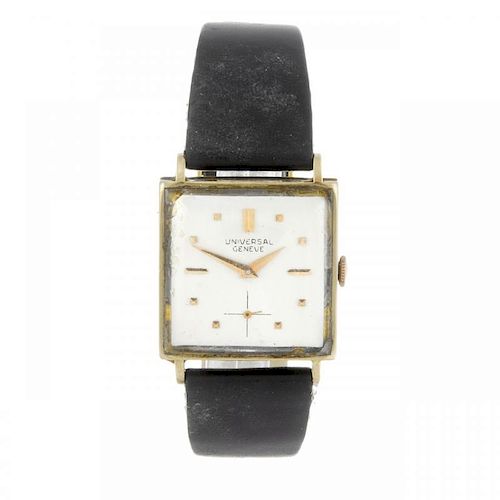 UNIVERSAL GENEVE - a gentleman's wrist watch. 9ct yellow gold case with engraved case back, import h