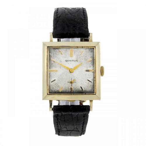 BENRUS - a gentleman's wrist watch. Yellow metal case, stamped 14K. Numbered C04171. Signed manual w