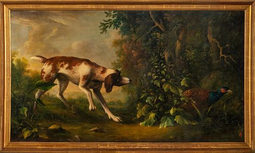 Brit. School "Dog Pointing Pheasant" Oil on Canvas