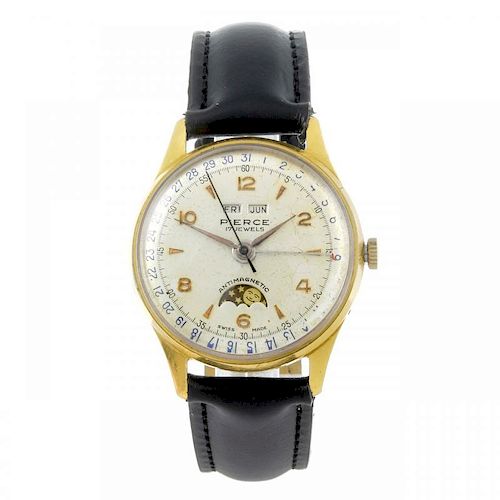 PIERCE - a gentleman's triple date wrist watch. Gold plated case with stainless steel case back. Sig