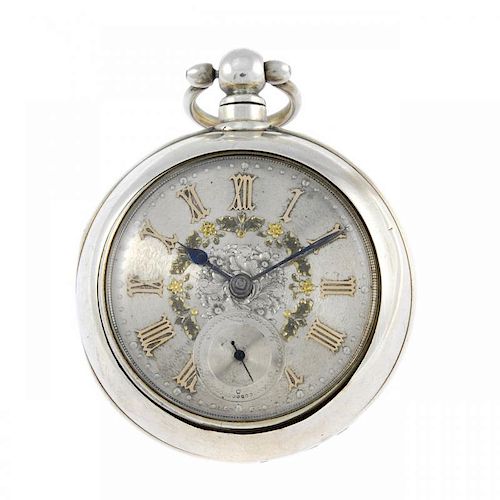 A pair case pocket watch. Silver cases, hallmarked Chester 1887. Unsigned key wind full plate fusee