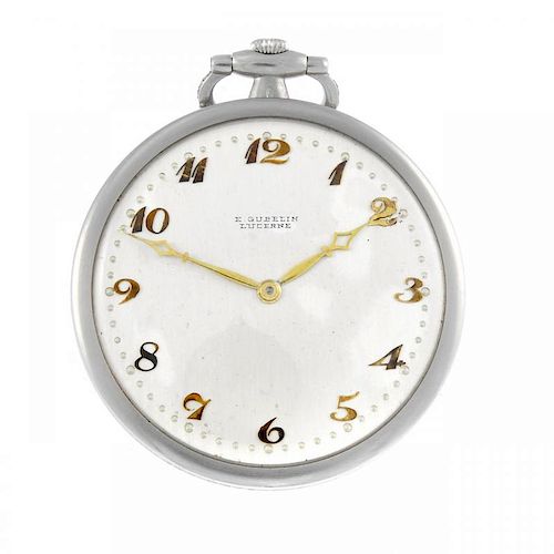 An open faced pocket watch by E. Gubelin. White metal case set with diamonds, stamped with the Swiss