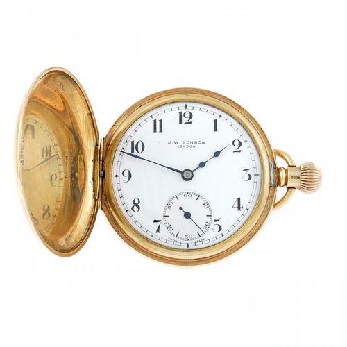 A full hunter pocket watch by J.W. Benson. 9ct yellow gold case hallmarked London 1934. Numbered 548