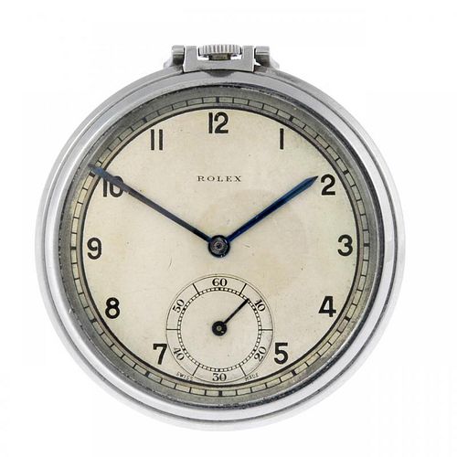 An open face pocket watch by Rolex. Stainless steel case. Numbered 1007494 2597. Signed keyless wind