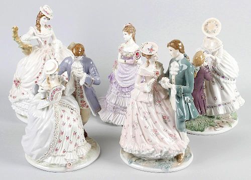 A group of six limited edition Royal Worcester figurines. Comprising ‘The Tryst’, ‘The Proposal’ and