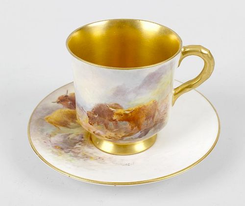 A Royal Worcester hand painted waisted cup and saucer, by Harry Stinton, decorated with landscape sc