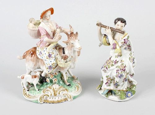 A porcelain figure of Count Bruhl’s Tailor’s wife. Modelled seated upon a goat, carrying her three c
