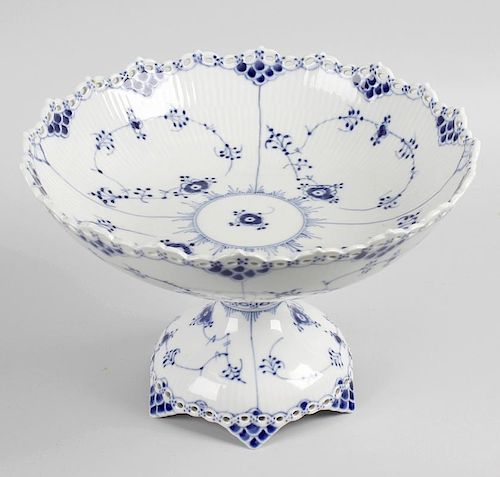 A Royal Copenhagen porcelain comport or pedestal dish.The pierced wavy rim over fluted body decorate