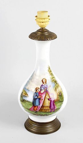 A hand painted porcelain lamp base, of baluster form having Continental waterside panel of a female