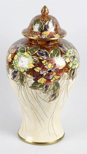 A large Royal Winton porcelain vase and cover, of baluster form below the domed lid having flame fin