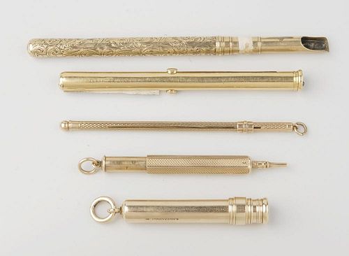 A group of five assorted yellow metal pencils, one having foliate engraved body, two with engine tur