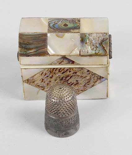 A Victorian mother-of-pearl and abalone thimble case, having chequered and lozenge inlay to the whol