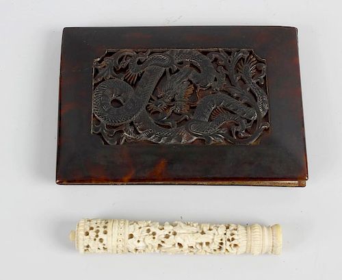 A 19th century Cantonese carved ivory needle case of tapered cylindrical form with removable screw o