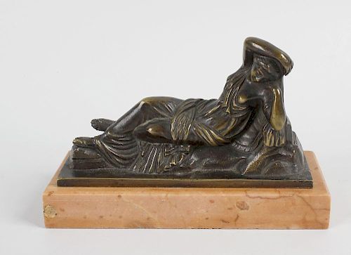 A 19th century bronze figure, modelled as a semi-nude reclining female raised upon a marble base, 5.