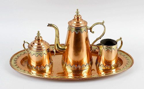 An Eastern copper four piece tea set, comprising teapot, cream jug and sugar bowl each of plain tape
