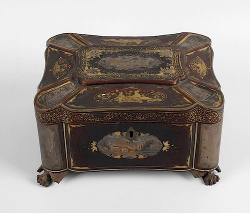 A 19th century Chinese lacquered tea caddy with gilt chinoiserie style decoration depicting river sc