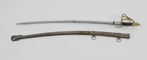A reproduction heavy cavalry sabre, the black leather grip with wire twist detail, within pierced br