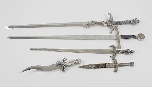 Four Marto Toledo replica swords and knives, to include Excalibur, Merlin sword and dagger, etc.