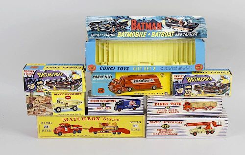 A box containing a collection of empty Dinky, Corgi and other diecast model vehicle boxes, to includ